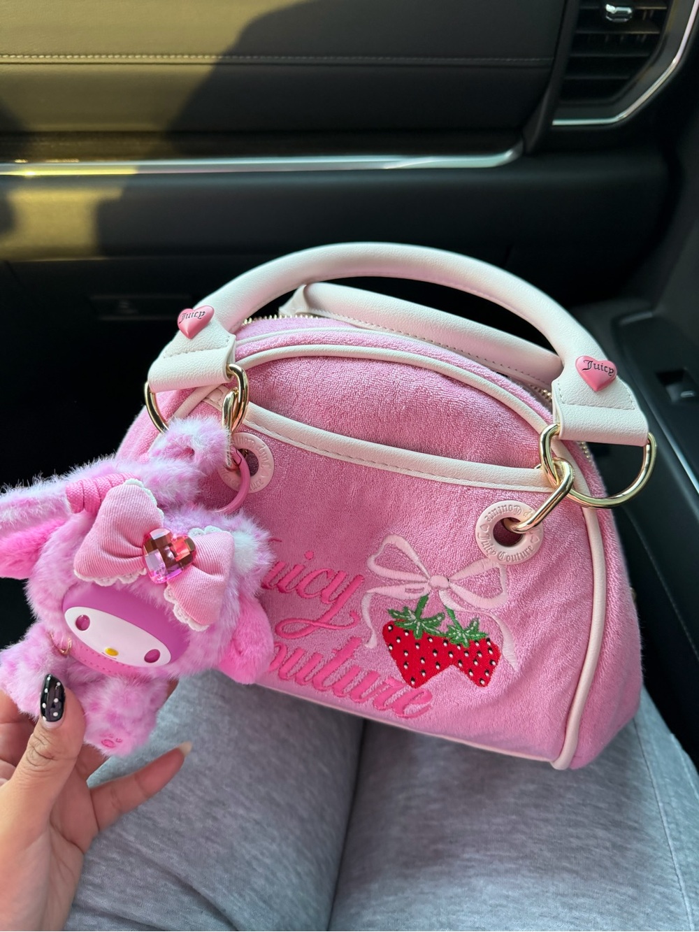 Juicy Couture Pink Velour Strawberry Bow Satchel with Plush Charm